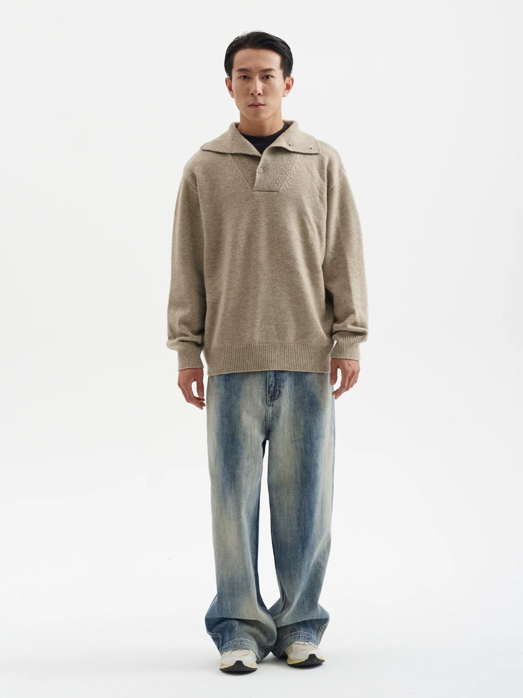 BUTTBILL Unisex 33% Lambswool Drop-Shoulder Half-Zip High-Neck Sweater075