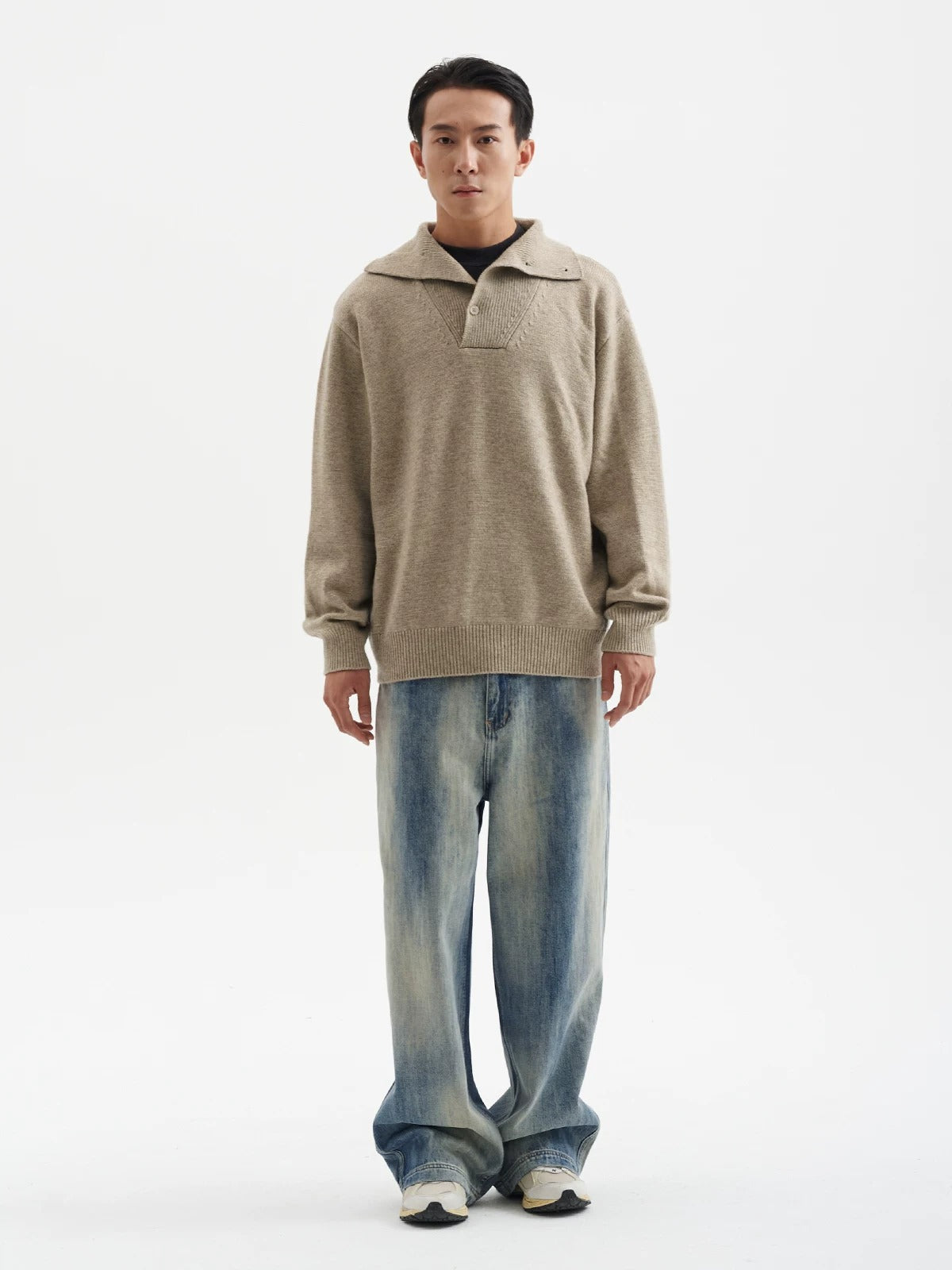 BUTTBILL Unisex 33% Lambswool Drop-Shoulder Half-Zip High-Neck Sweater075