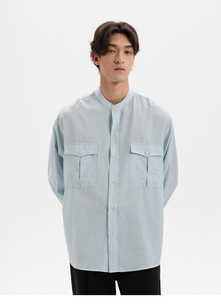 BUTTBILL Minimalist Crinkled Pima Cotton Blend Band Collar Shirt with Double Pockets029