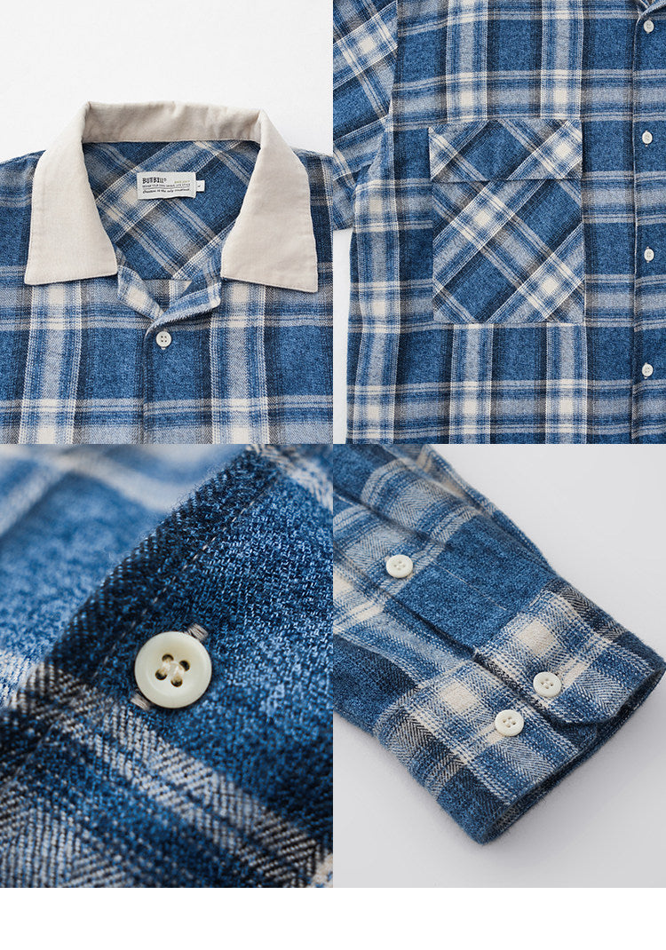 BUTTBILL Men's Cotton Plaid Overshirt with Contrast Corduroy Camp Collar079