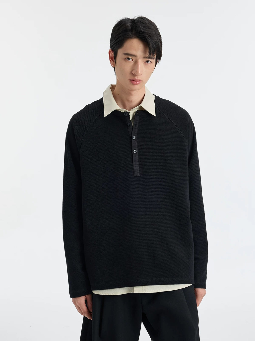 BUTTBILL SS26 Unisex Washed Hemp Waffle Knit Long-Sleeve Henley049