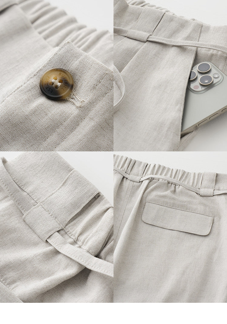 BUTTBILL Unisex 20% Sorona® Cotton-Linen Double-Pleated Extended-Waist Trousers116