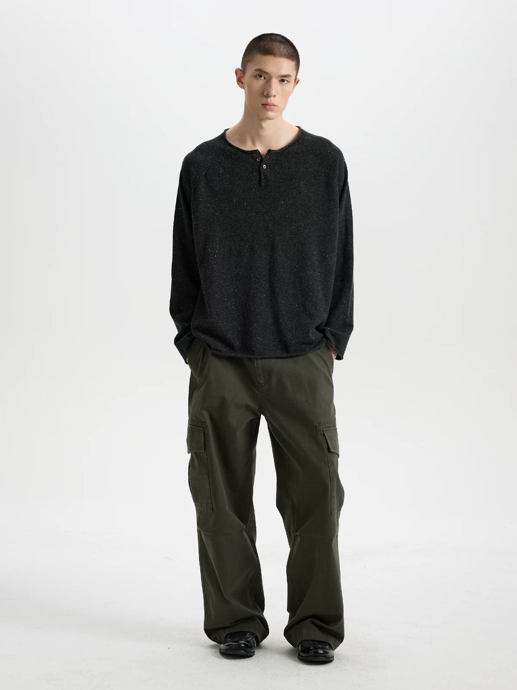 BUTTBILL 17.5-Micron 100% Merino Wool Henley Knit Sweater – Relaxed Fit Lightweight Long Sleeve Pullover#120