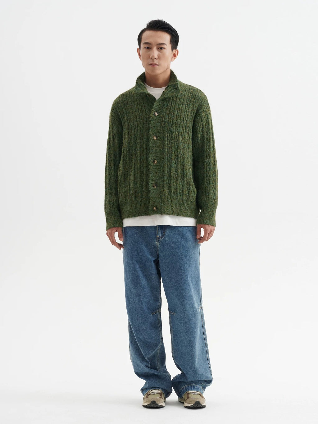 BUTTBILL Unisex Relaxed Stand Collar Cable-Knit Cardigan072