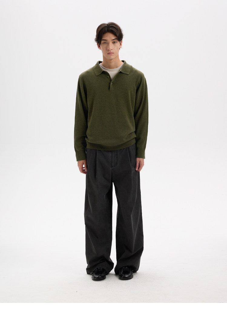 BUTTBILL Minimalist Wool-Blend Long-Sleeve Knit Polo with Shell Buttons020