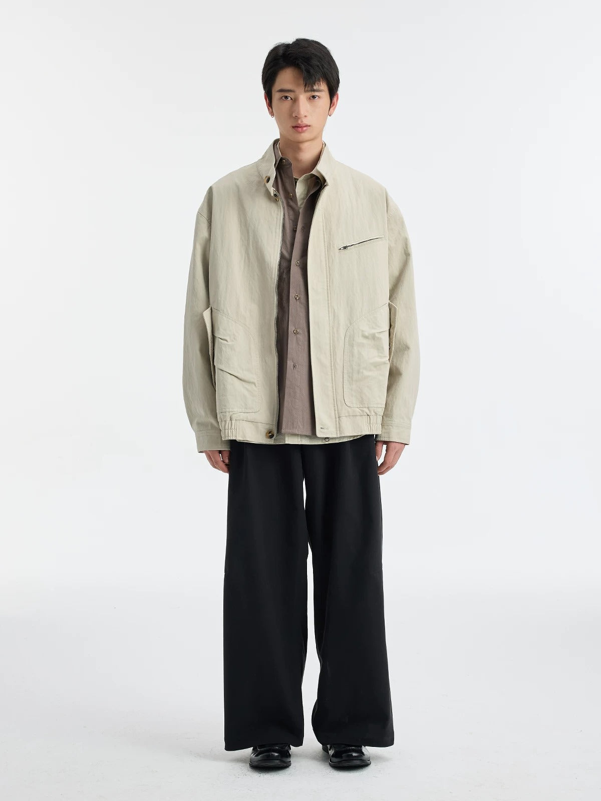 BUTTBILL SS26 Unisex Washed Stand Collar Cropped Moto Jacket048