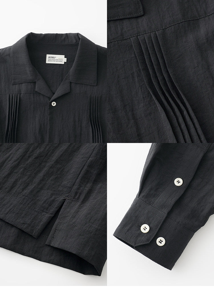 BUTTBILL Unisex 60% Bamboo-Blend Pleated Camp Collar Long-Sleeve Shirt115