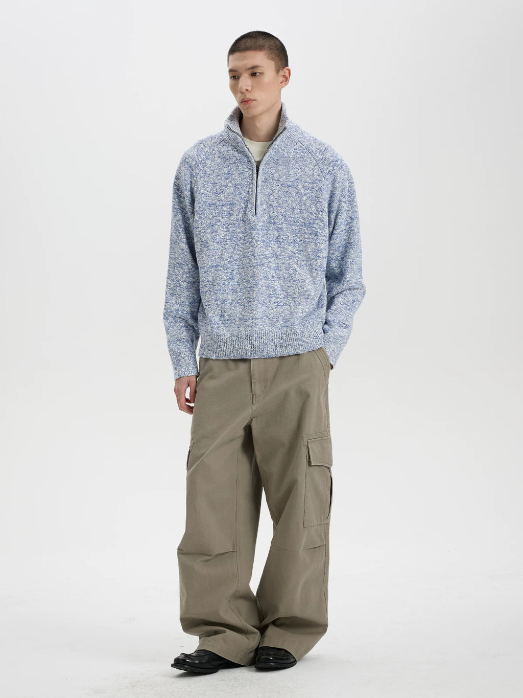 BUTTBILL Vintage Two-Tone Cotton Half-Zip Knit Sweater – Relaxed Fit Textured Mock Neck Pullover#132