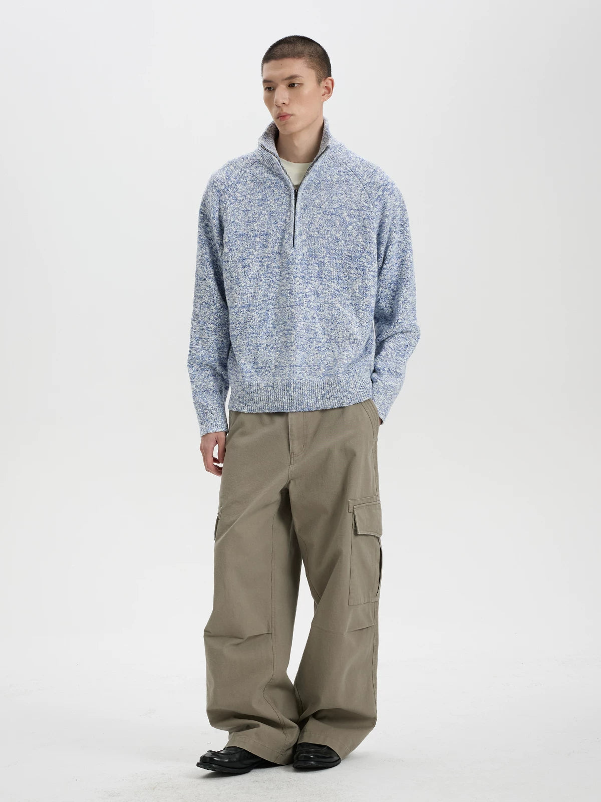BUTTBILL Vintage Two-Tone Cotton Half-Zip Knit Sweater – Relaxed Fit Textured Mock Neck Pullover#132