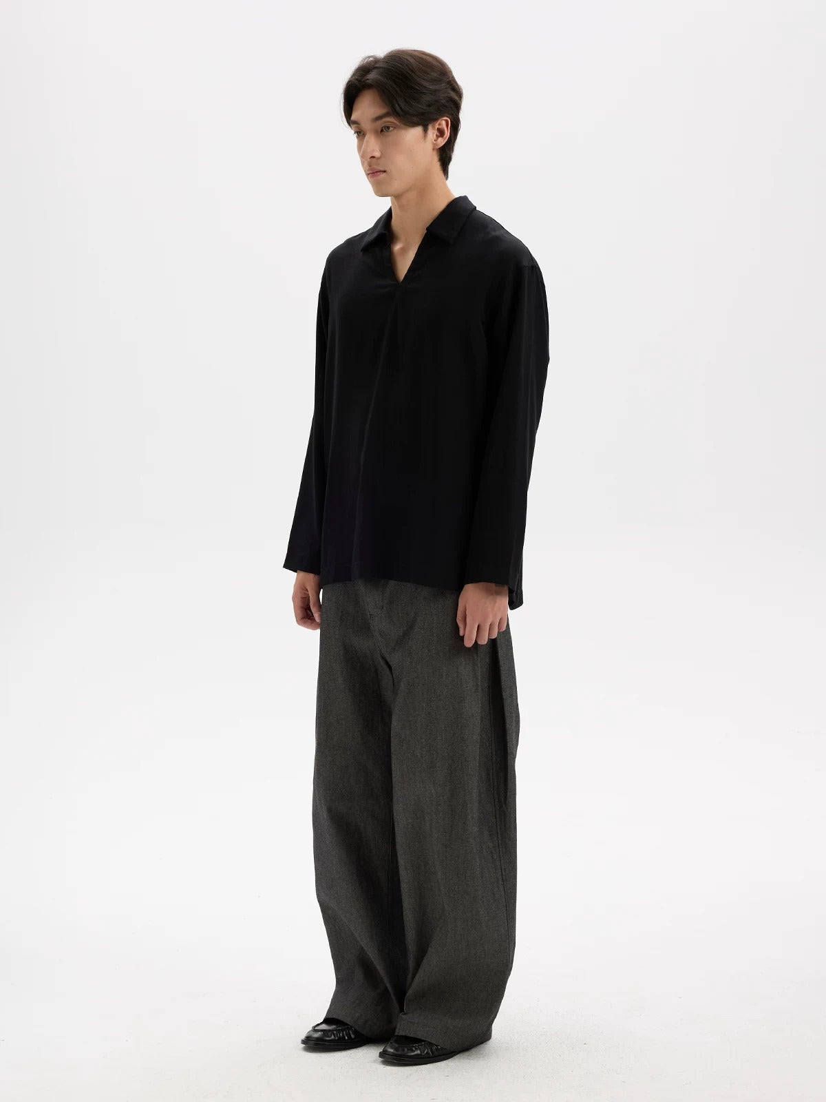 BUTTBILL Effortless Lyocell-Linen V-Neck Long-Sleeve Polo with Split Hem043