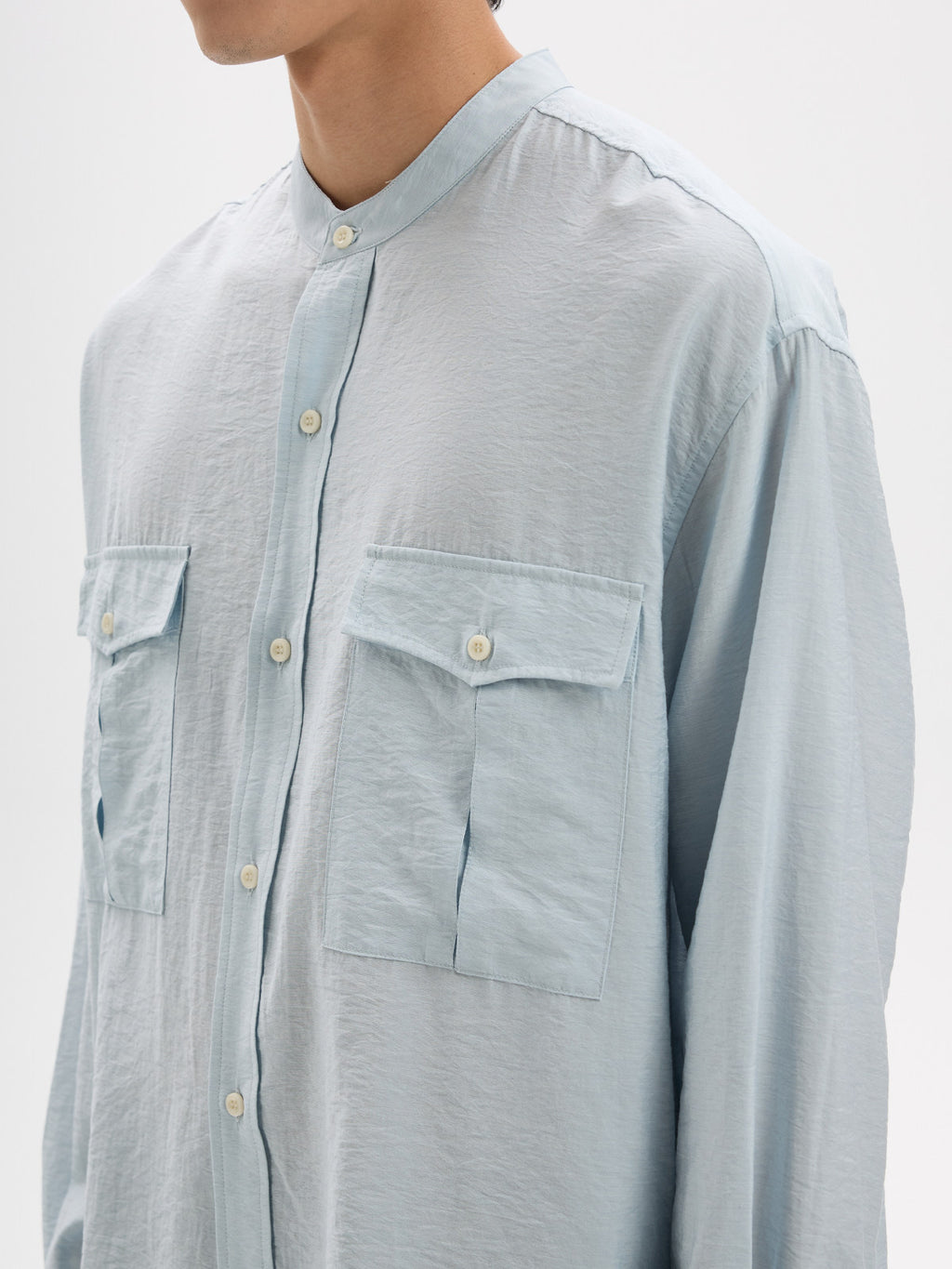 BUTTBILL Minimalist Crinkled Pima Cotton Blend Band Collar Shirt with Double Pockets029