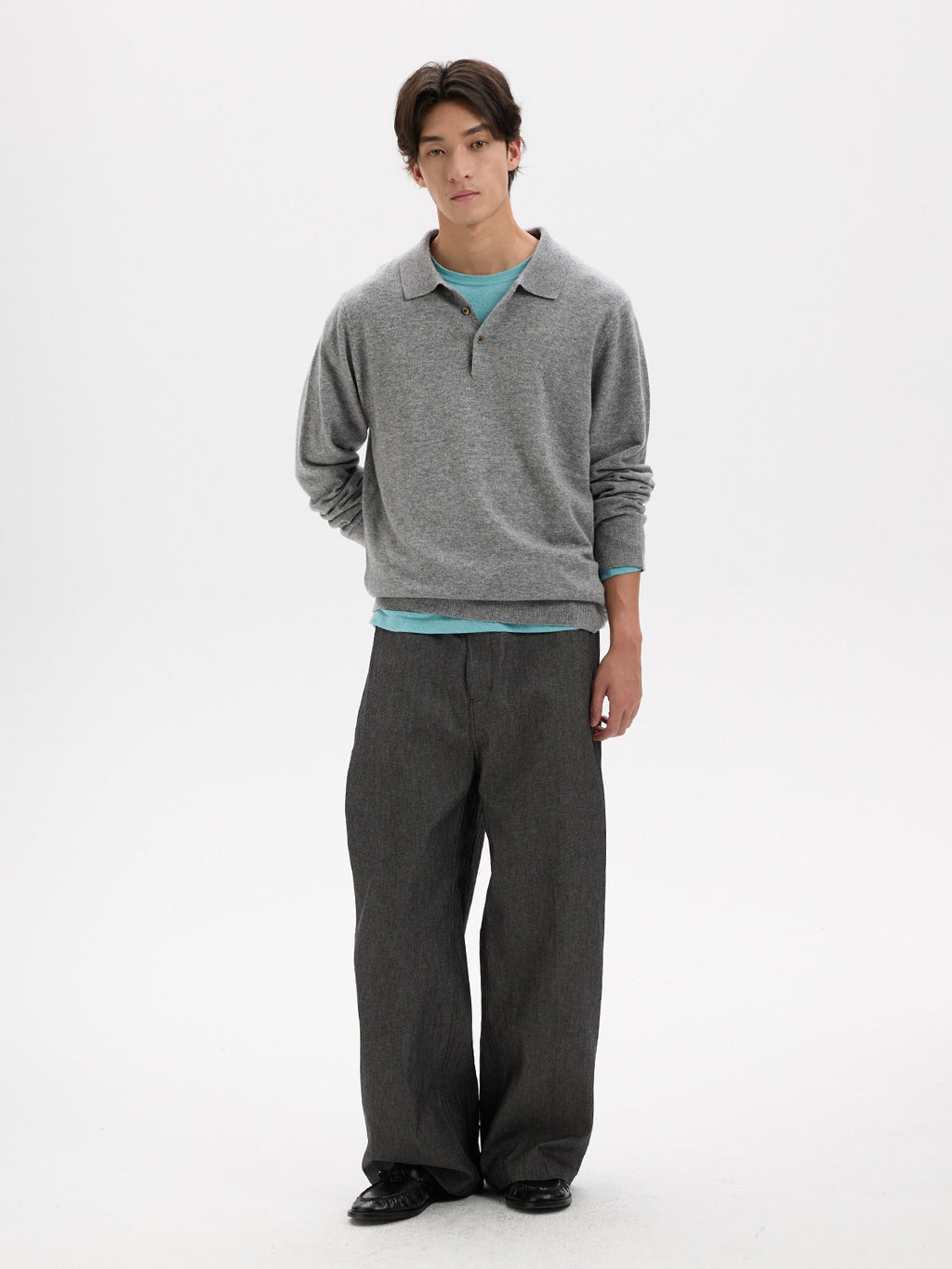 BUTTBILL Minimalist Wool-Blend Long-Sleeve Knit Polo with Shell Buttons020