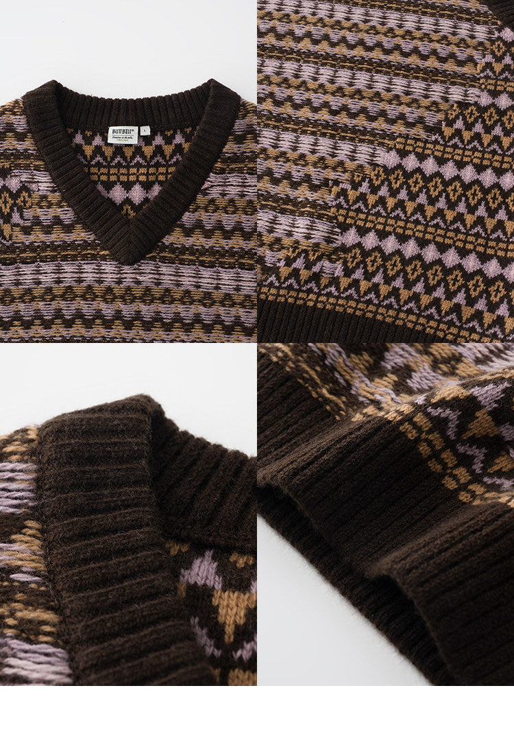 BUTTBILL Men's Relaxed Fair Isle Lambswool V-Neck Sweater Vest092