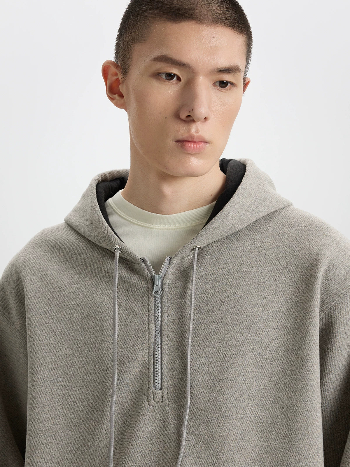 BUTTBILL Vintage Textured Twill Half-Zip Hoodie – Relaxed Fit Hooded Sweatshirt with Soft Brushed Interior#134