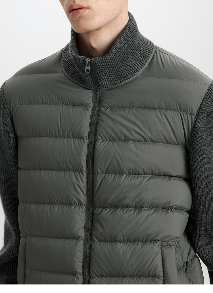 BUTTBILL Lightweight 90% White Duck Down Puffer Jacket – Knit Panel Quilted Stand Collar Jacket with Relaxed Fit#122