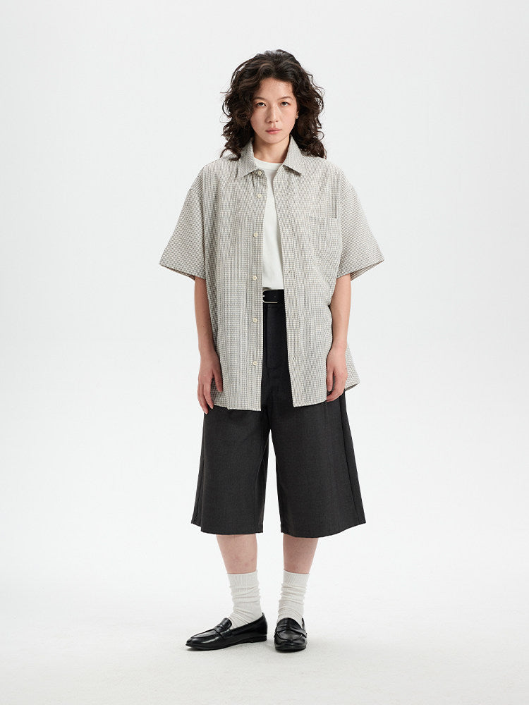 BUTTBILL SS26 Plaid Seersucker Lyocell-Linen Short-Sleeve Pocketed Overshirt
