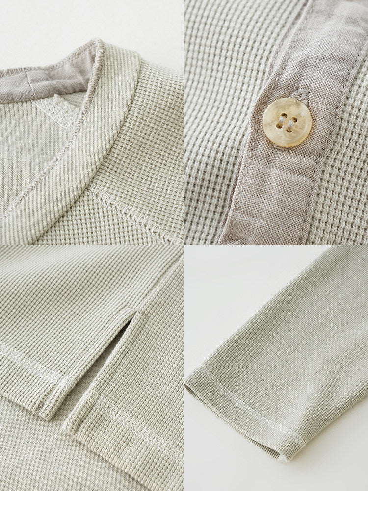 BUTTBILL SS26 Unisex Washed Hemp Waffle Knit Long-Sleeve Henley049