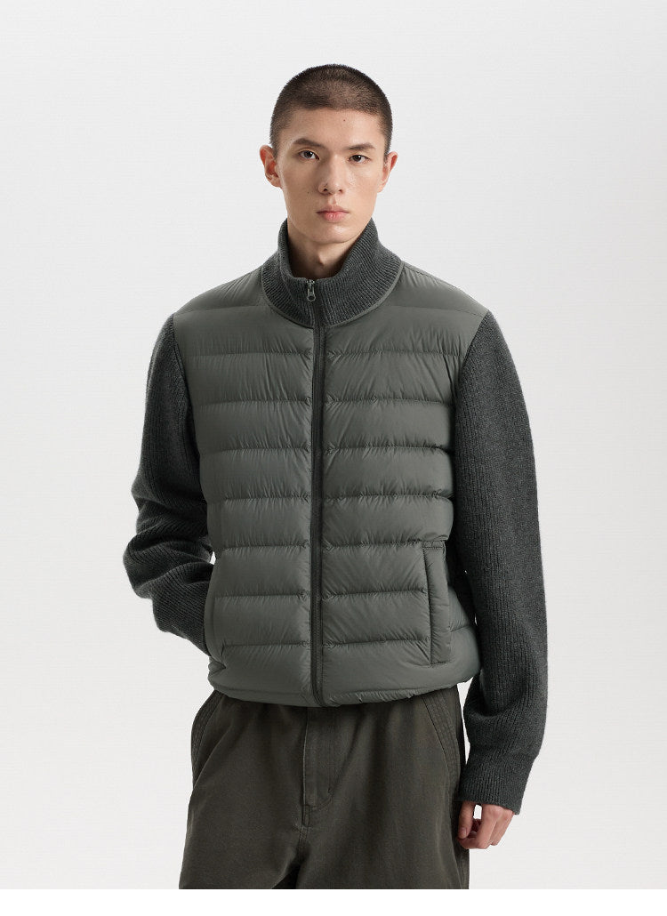 BUTTBILL Lightweight 90% White Duck Down Puffer Jacket – Knit Panel Quilted Stand Collar Jacket with Relaxed Fit#122