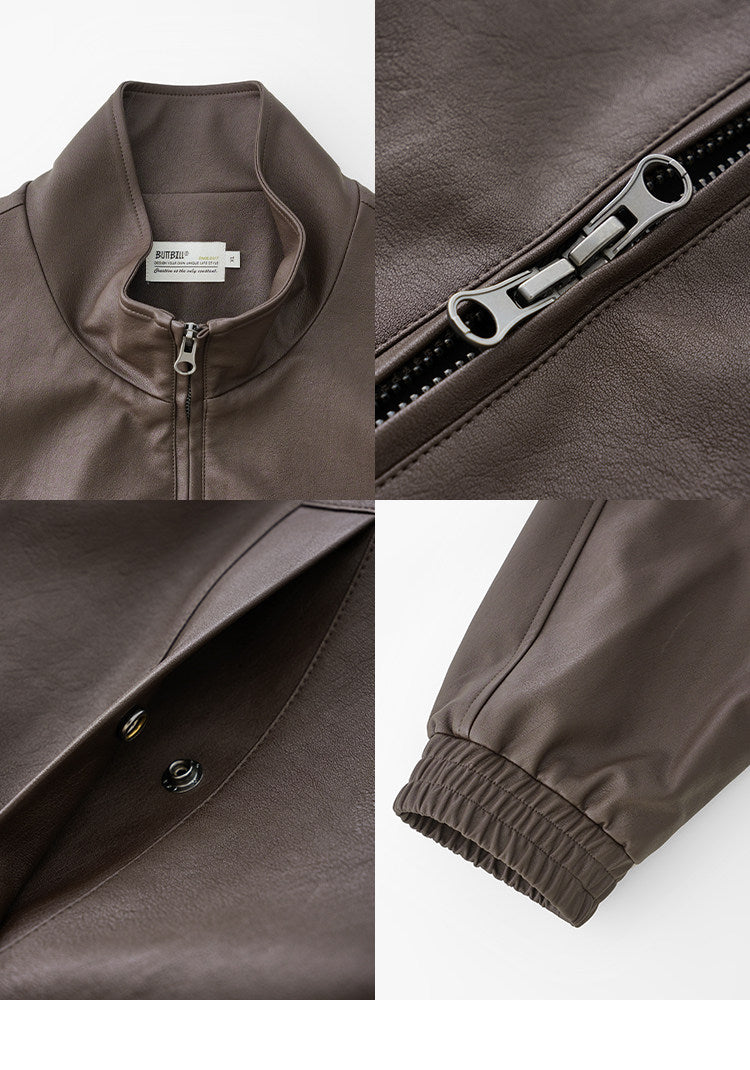 BUTTBILL SS26 Unisex Relaxed Faux Leather Stand Collar Jacket047