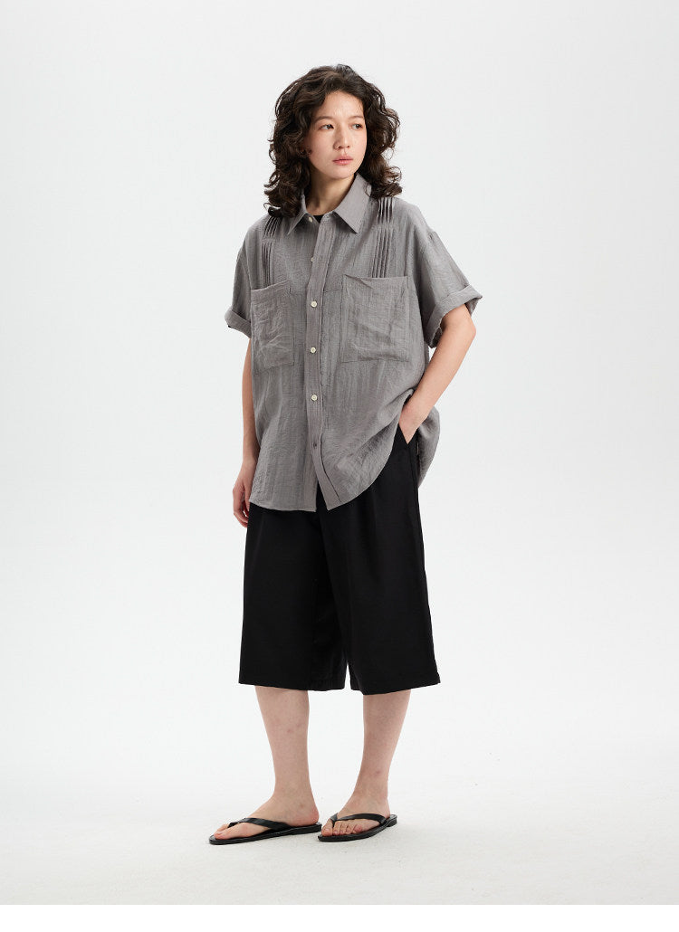 BUTTBILL SS26 Linen-Blend Box-Pleated Short-Sleeve Shirt with Pocket