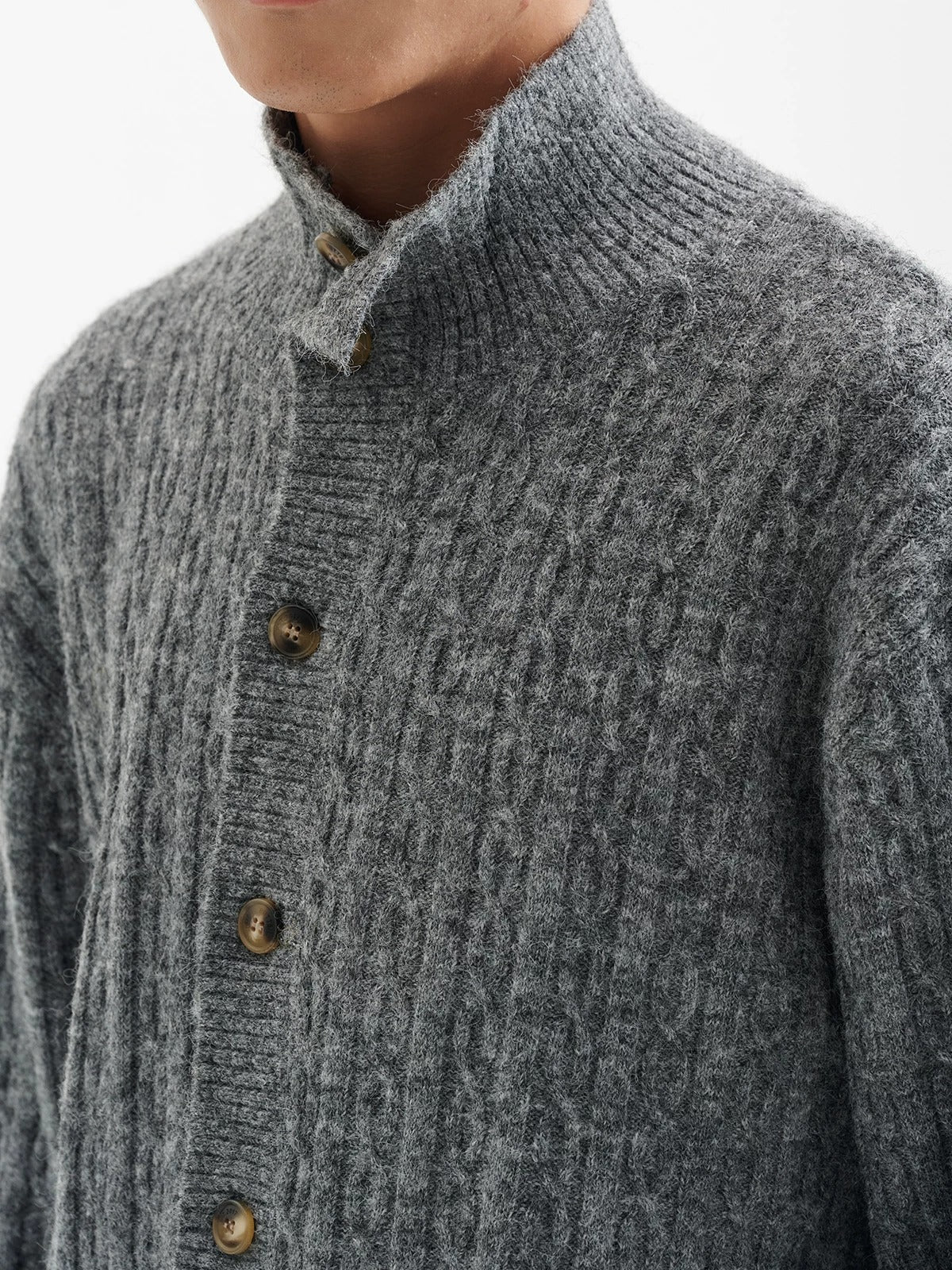 BUTTBILL Unisex Relaxed Stand Collar Cable-Knit Cardigan072