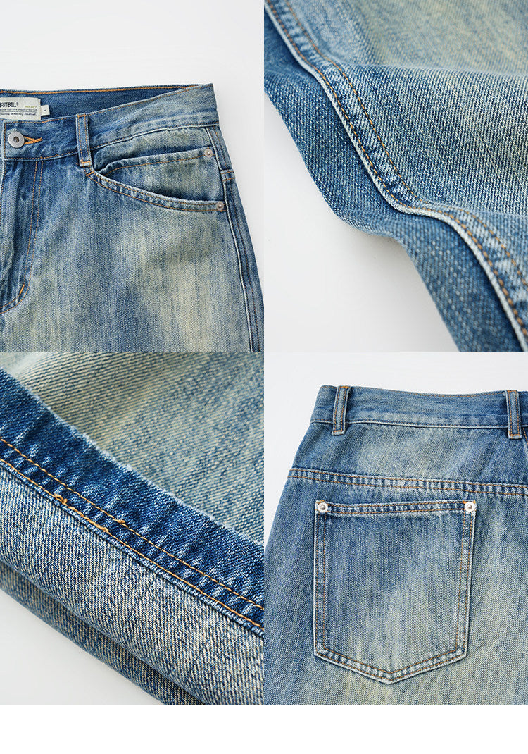 BUTTBILL Unisex Vintage Washed Raw Denim Relaxed Jeans077