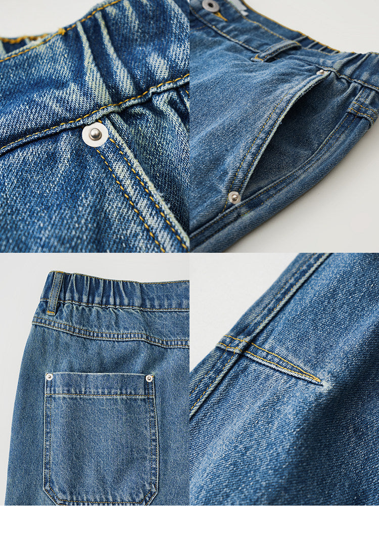 BUTTBILL Men's 13.2oz Knee-Pleated Washed Denim Jeans with Contrast Stitching080