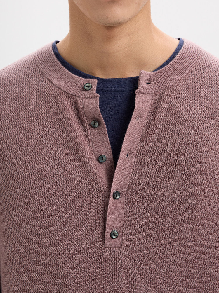 BUTTBILL Classic 48s Wool Blend Henley Knit Pullover with Shell Buttons018