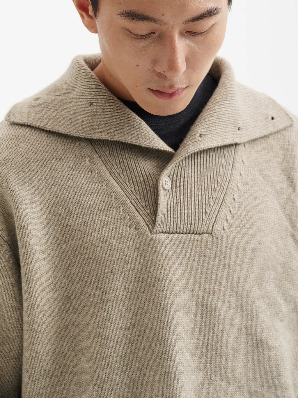 BUTTBILL Unisex 33% Lambswool Drop-Shoulder Half-Zip High-Neck Sweater075