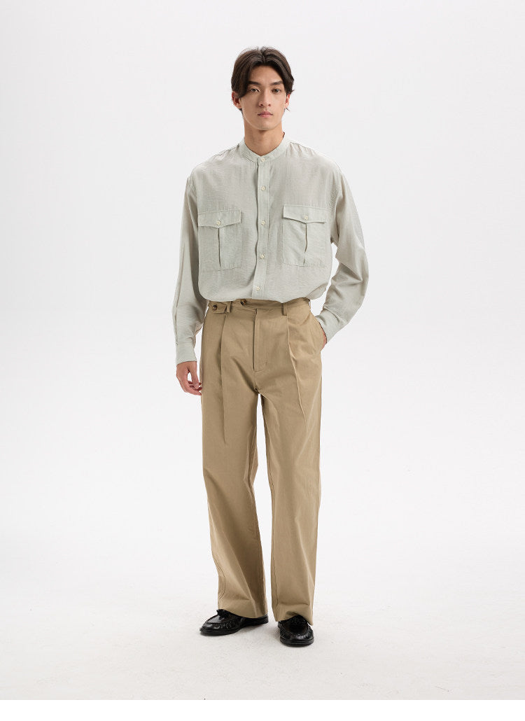 BUTTBILL Minimalist Crinkled Pima Cotton Blend Band Collar Shirt with Double Pockets029
