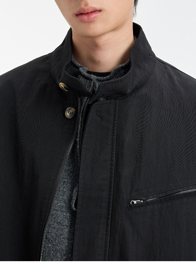 BUTTBILL SS26 Unisex Washed Stand Collar Cropped Moto Jacket048