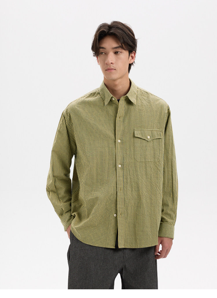 BUTTBILL Vintage Textured Plaid 100% Cotton Long-Sleeve Shirt024