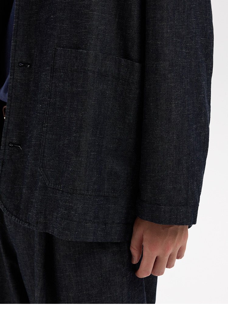 BUTTBILL Unisex Cotton-Linen-Lyocell Blend Washed Denim Relaxed Blazer023
