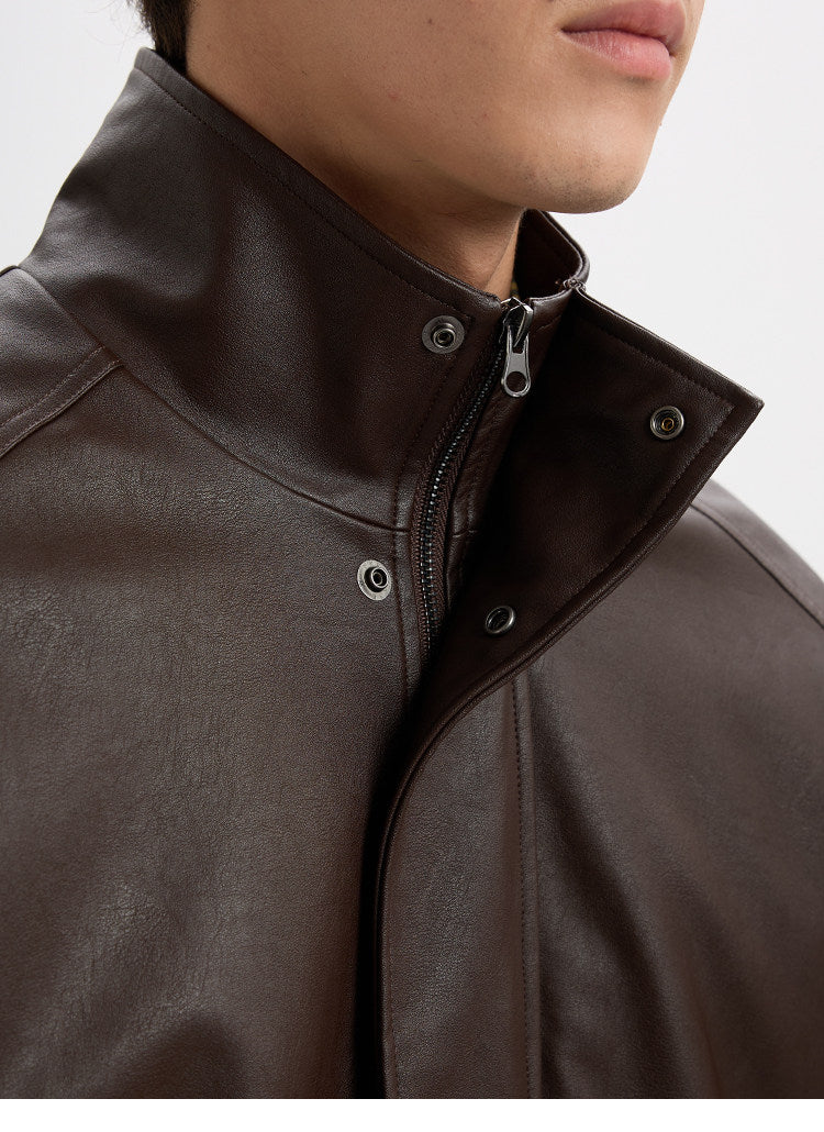 BUTTBILL Vintage Biker Textured Faux Leather Stand Collar Jacket with Two-Way Zip016