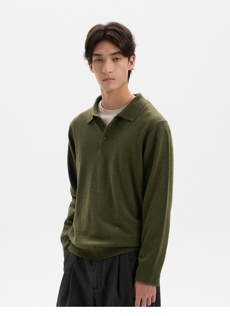 BUTTBILL Minimalist Wool-Blend Long-Sleeve Knit Polo with Shell Buttons020