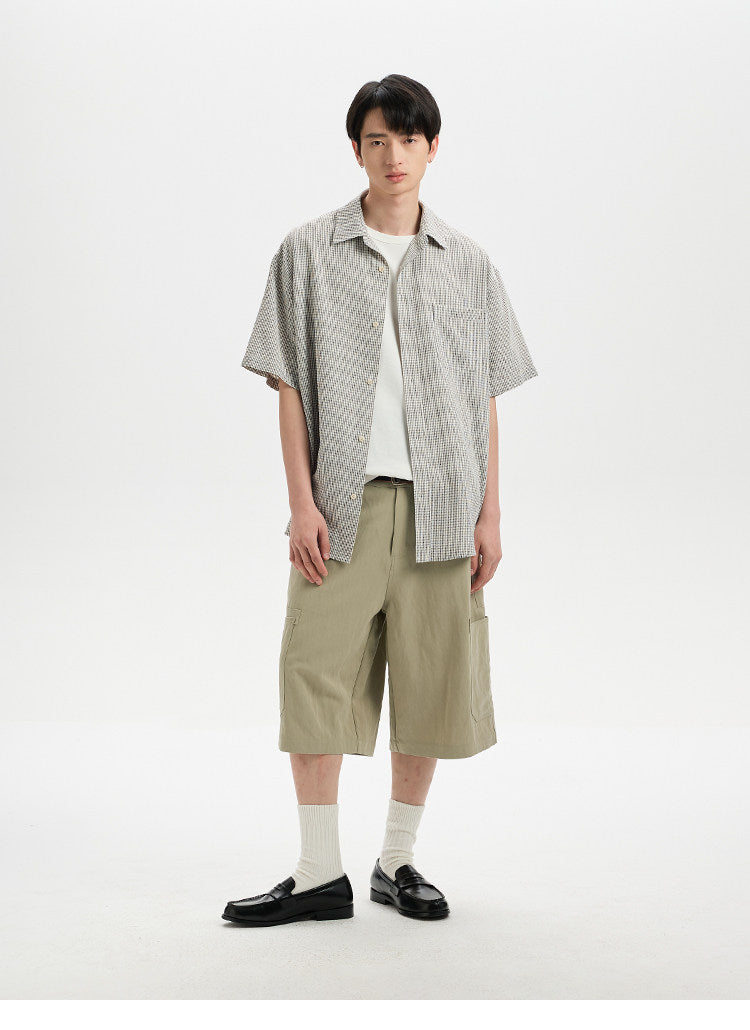 BUTTBILL SS26 Plaid Seersucker Lyocell-Linen Short-Sleeve Pocketed Overshirt
