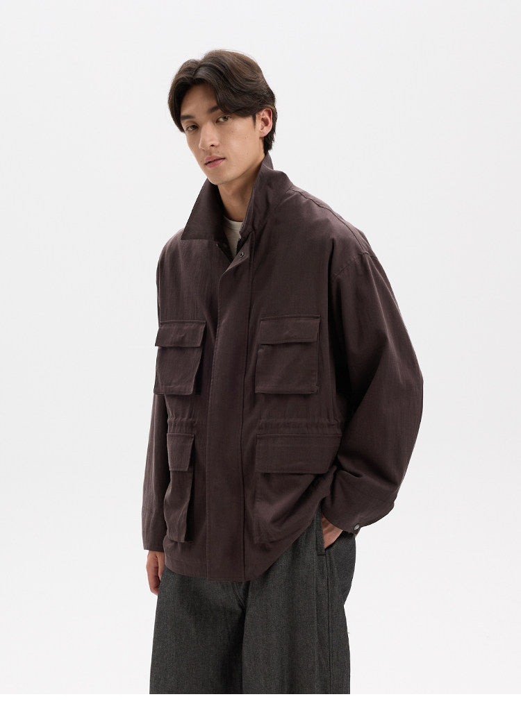 BUTTBILL Unisex Slub Cotton Utility Safari Jacket with Adjustable Drawstring026