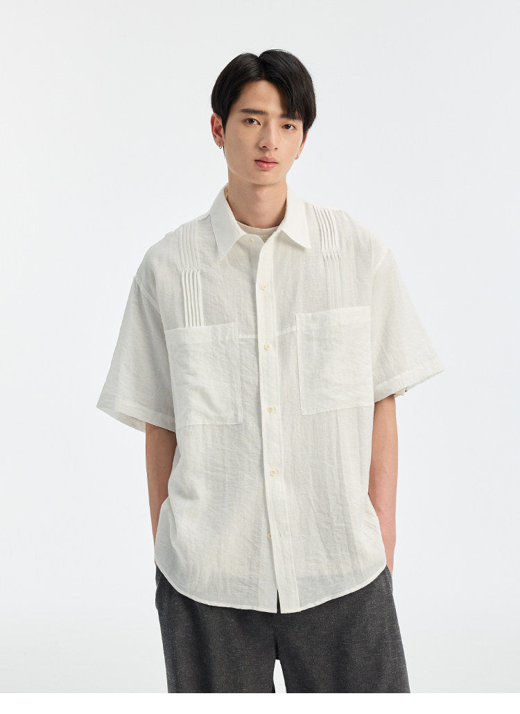 BUTTBILL SS26 Linen-Blend Box-Pleated Short-Sleeve Shirt with Pocket