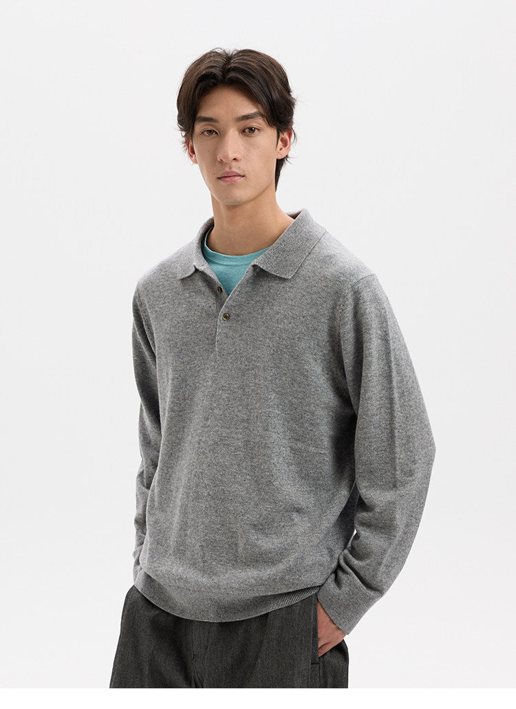 BUTTBILL Minimalist Wool-Blend Long-Sleeve Knit Polo with Shell Buttons020