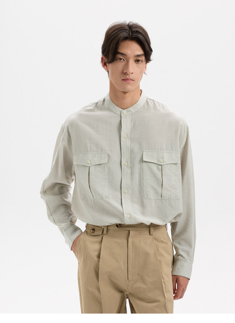 BUTTBILL Minimalist Crinkled Pima Cotton Blend Band Collar Shirt with Double Pockets029