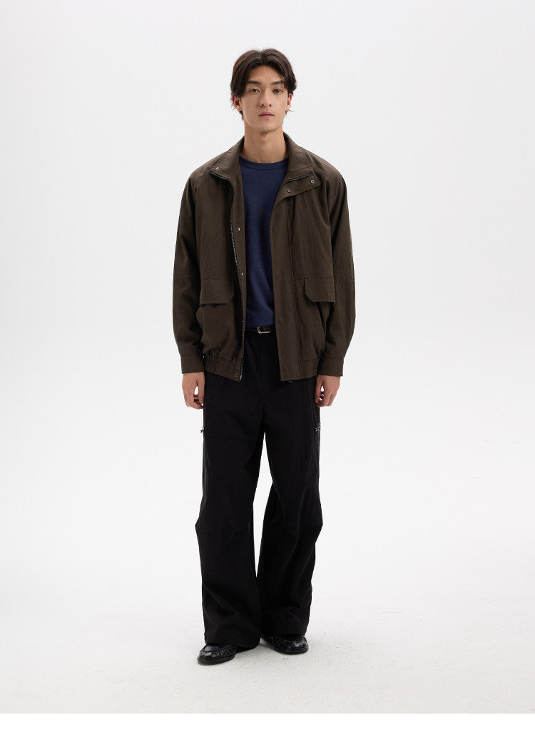 BUTTBILL Vintage Slub Cotton Stand Collar Multi-Pocket Jacket with Two-Way Zip022