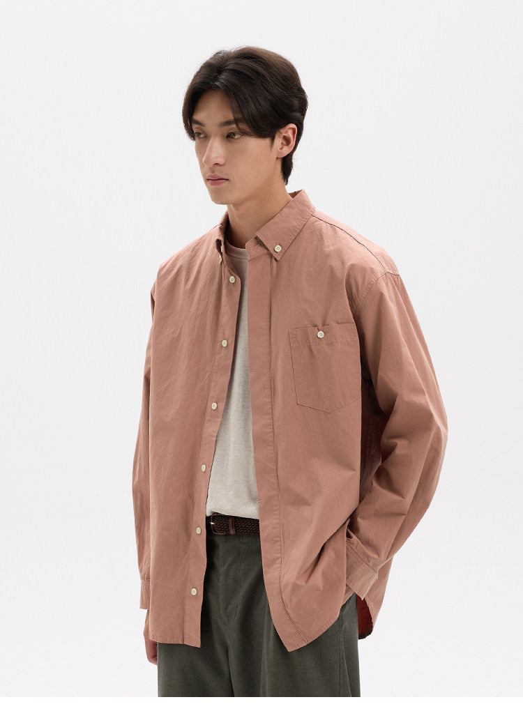 BUTTBILL Unisex High-Density Washed Cotton Concealed Placket Long-Sleeve Shirt021