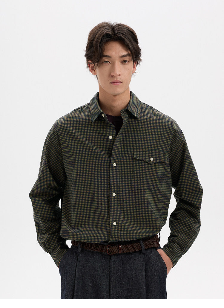 BUTTBILL Vintage Textured Plaid 100% Cotton Long-Sleeve Shirt024