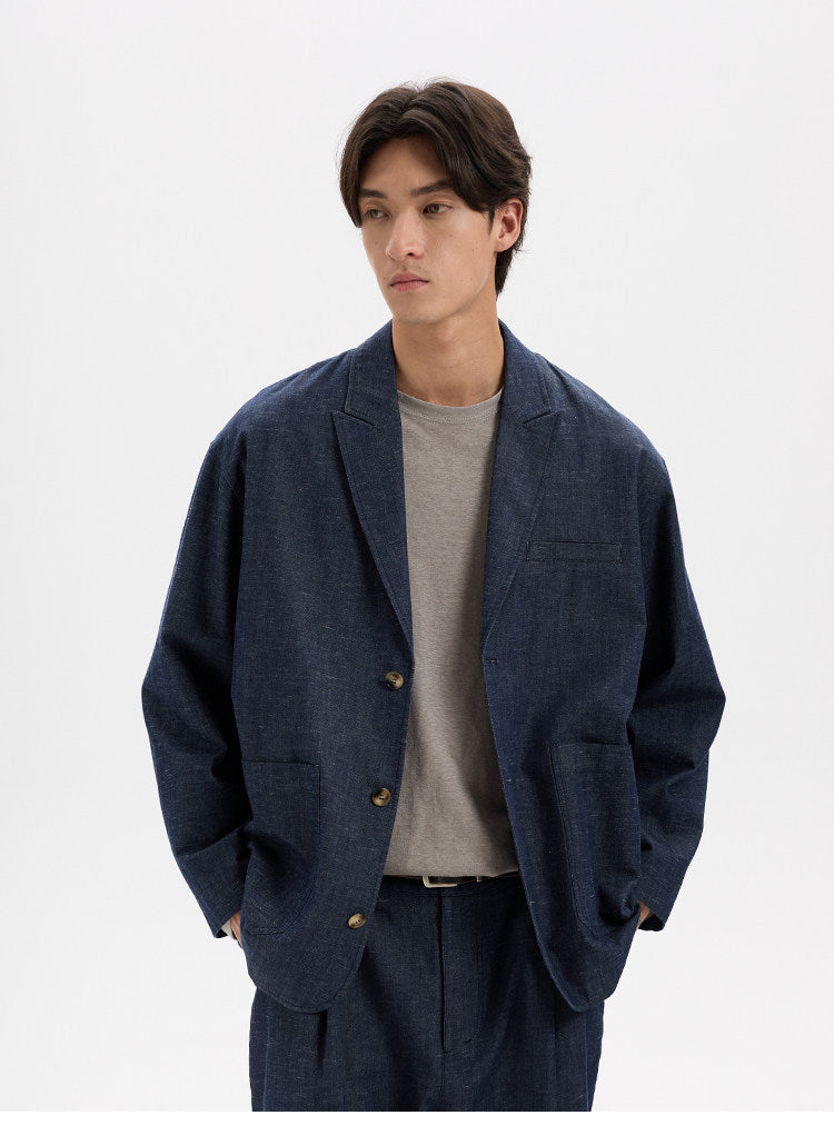 BUTTBILL Unisex Cotton-Linen-Lyocell Blend Washed Denim Relaxed Blazer023