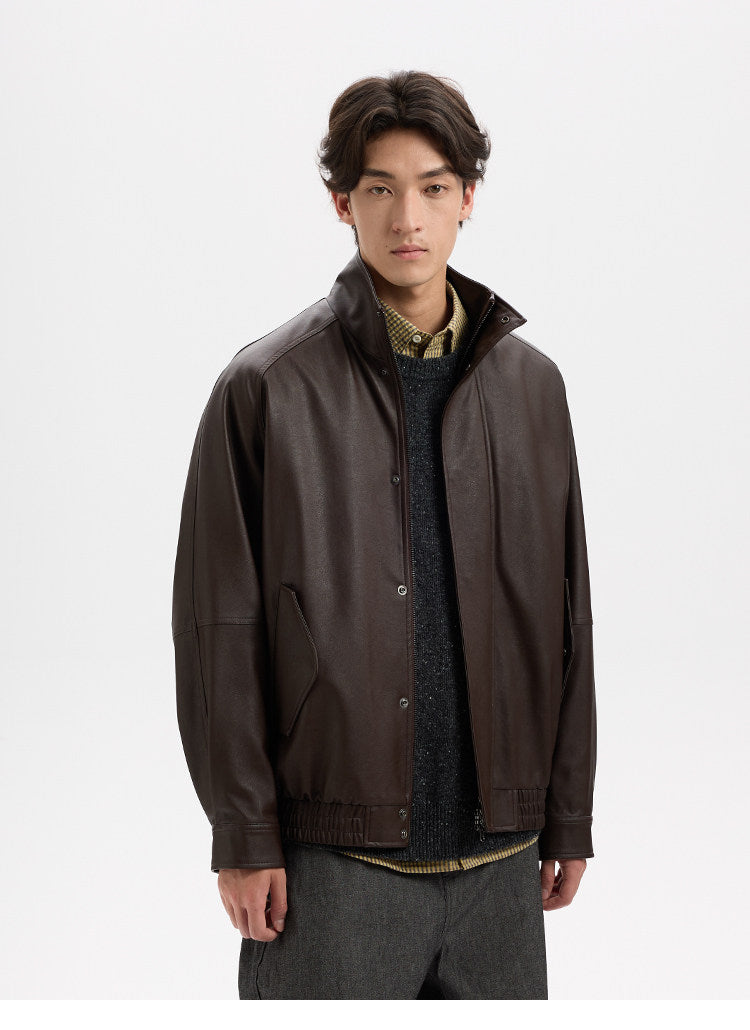 BUTTBILL Vintage Biker Textured Faux Leather Stand Collar Jacket with Two-Way Zip016