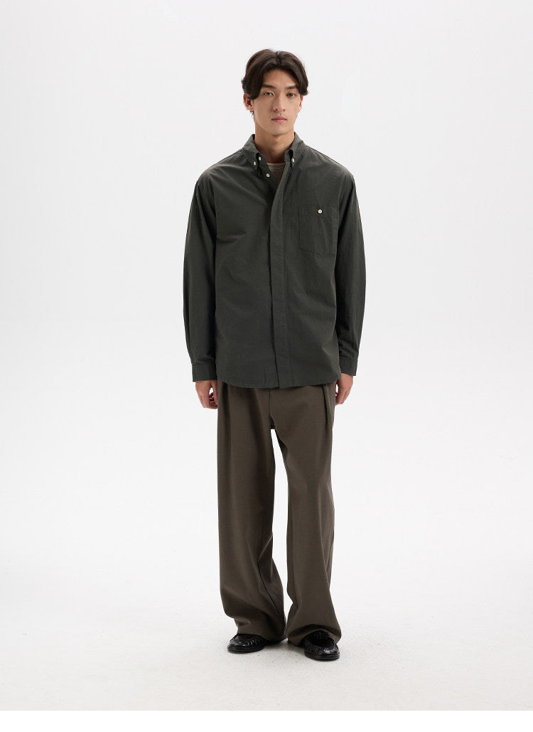BUTTBILL Unisex High-Density Washed Cotton Concealed Placket Long-Sleeve Shirt021