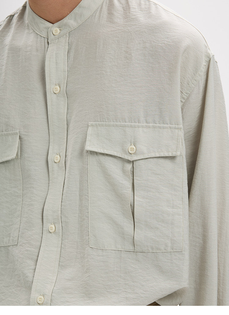 BUTTBILL Minimalist Crinkled Pima Cotton Blend Band Collar Shirt with Double Pockets029