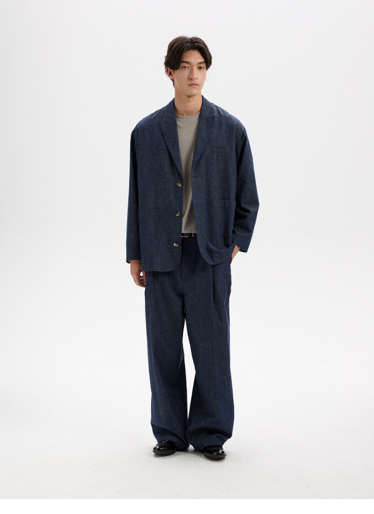 BUTTBILL Unisex Cotton-Linen-Lyocell Blend Washed Denim Relaxed Blazer023