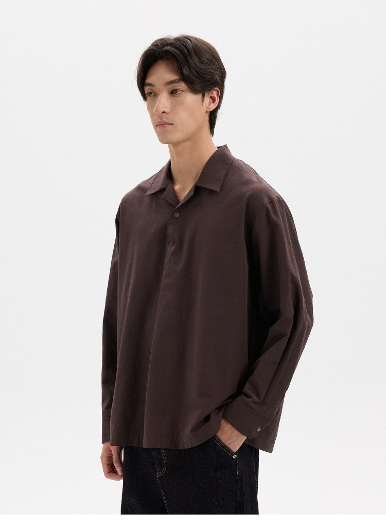 BUTTBILL Urban Minimalist Lyocell-Blend Pleated Camp Collar Snap-Front Shirt028