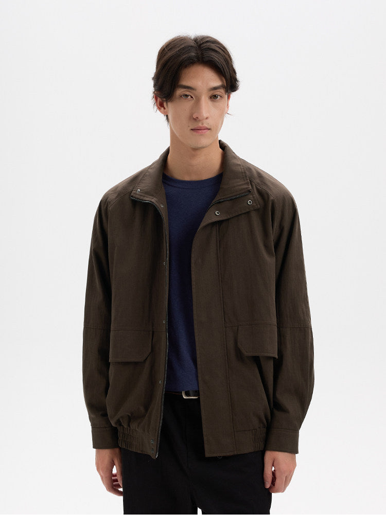 BUTTBILL Vintage Slub Cotton Stand Collar Multi-Pocket Jacket with Two-Way Zip022